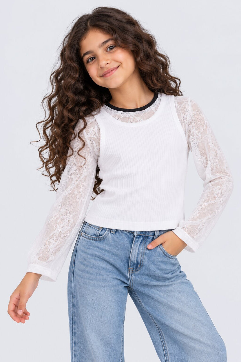 Tweens Girls White Ribbed Top With Lace Overlay - Image 1