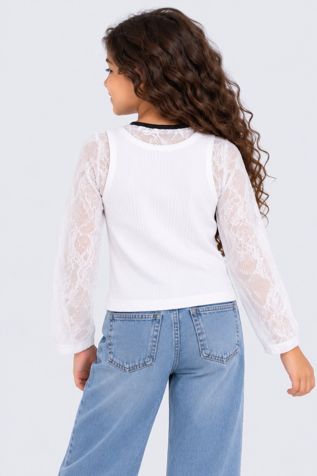 Tweens Girls White Ribbed Top With Lace Overlay - Image 2
