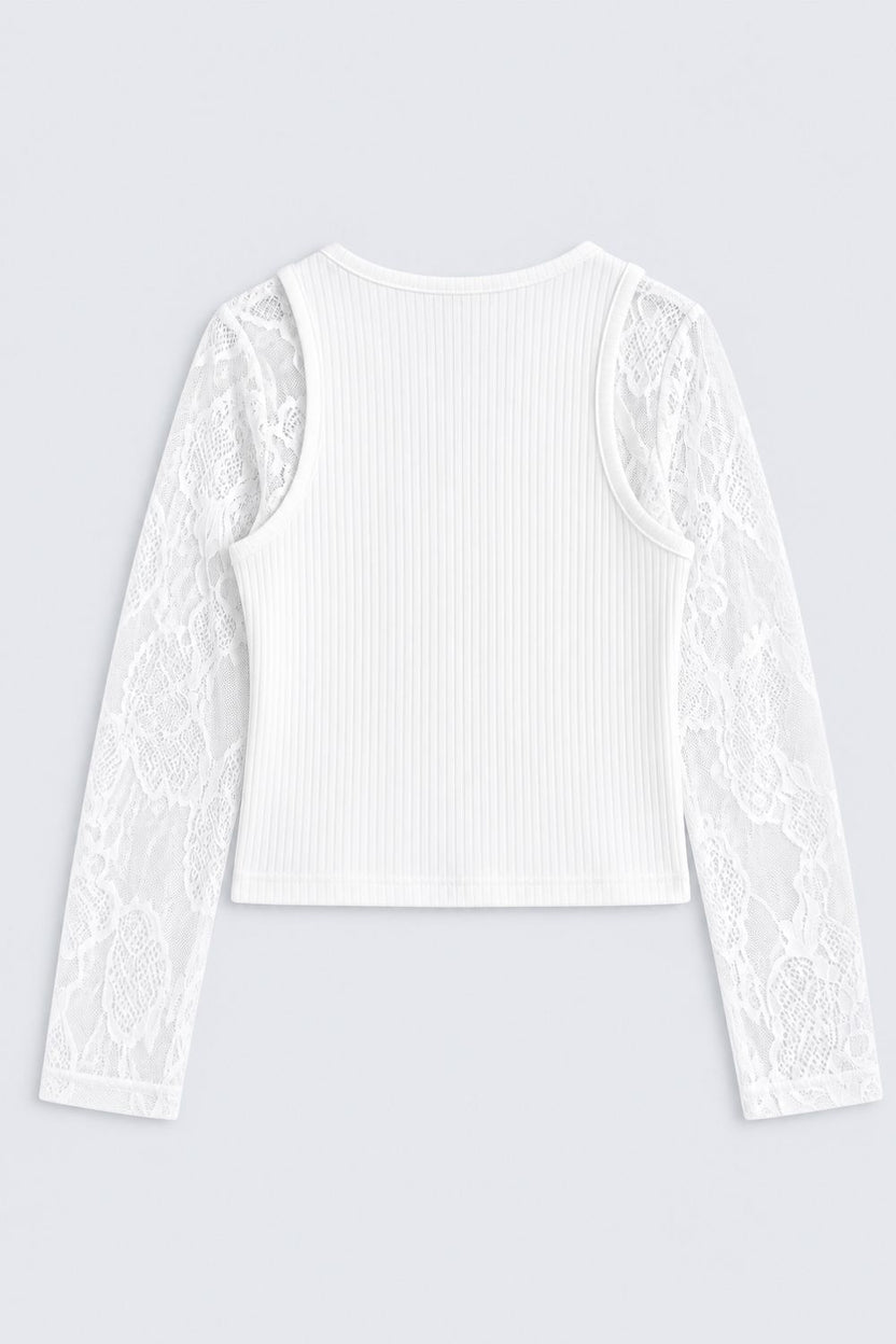 Tweens Girls White Ribbed Top With Lace Overlay - Image 3