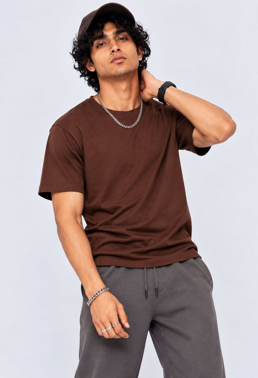 Brown Solid Cotton Crew Neck T-Shirt - Image 1