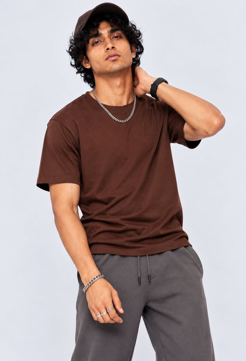 Brown Solid Cotton Crew Neck T-Shirt - Image 1