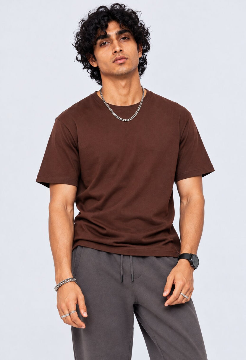 Brown Solid Cotton Crew Neck T-Shirt - Image 2