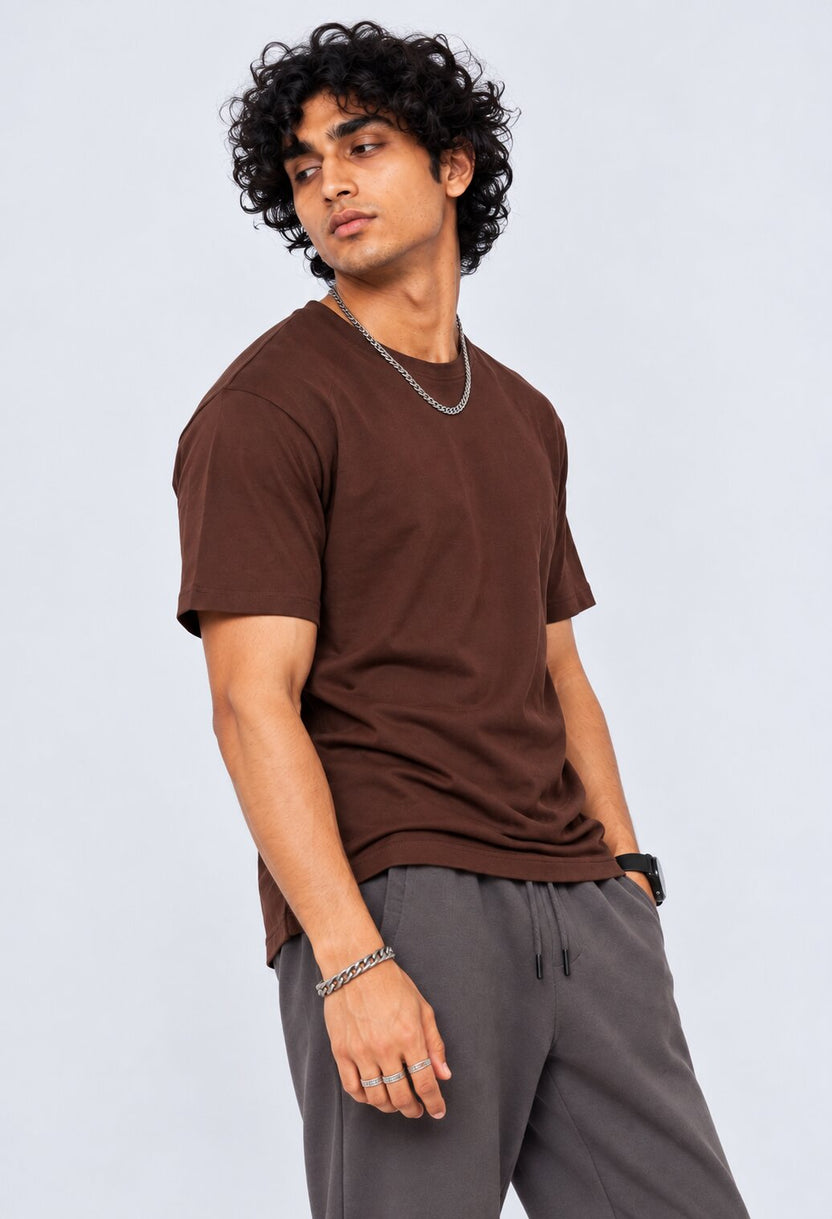 Brown Solid Cotton Crew Neck T-Shirt - Image 4