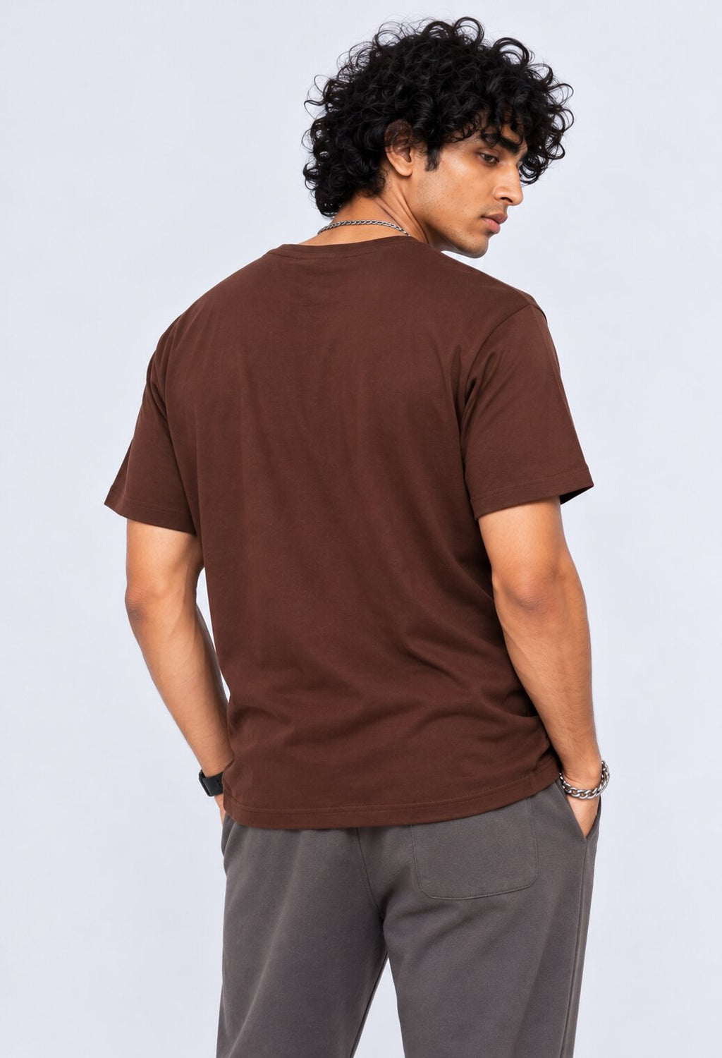 Brown Solid Cotton Crew Neck T-Shirt - Image 5