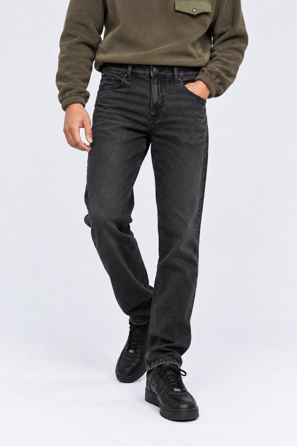 Mens Charcoal Solid Cotton Slim Fit Jeans - Image 2