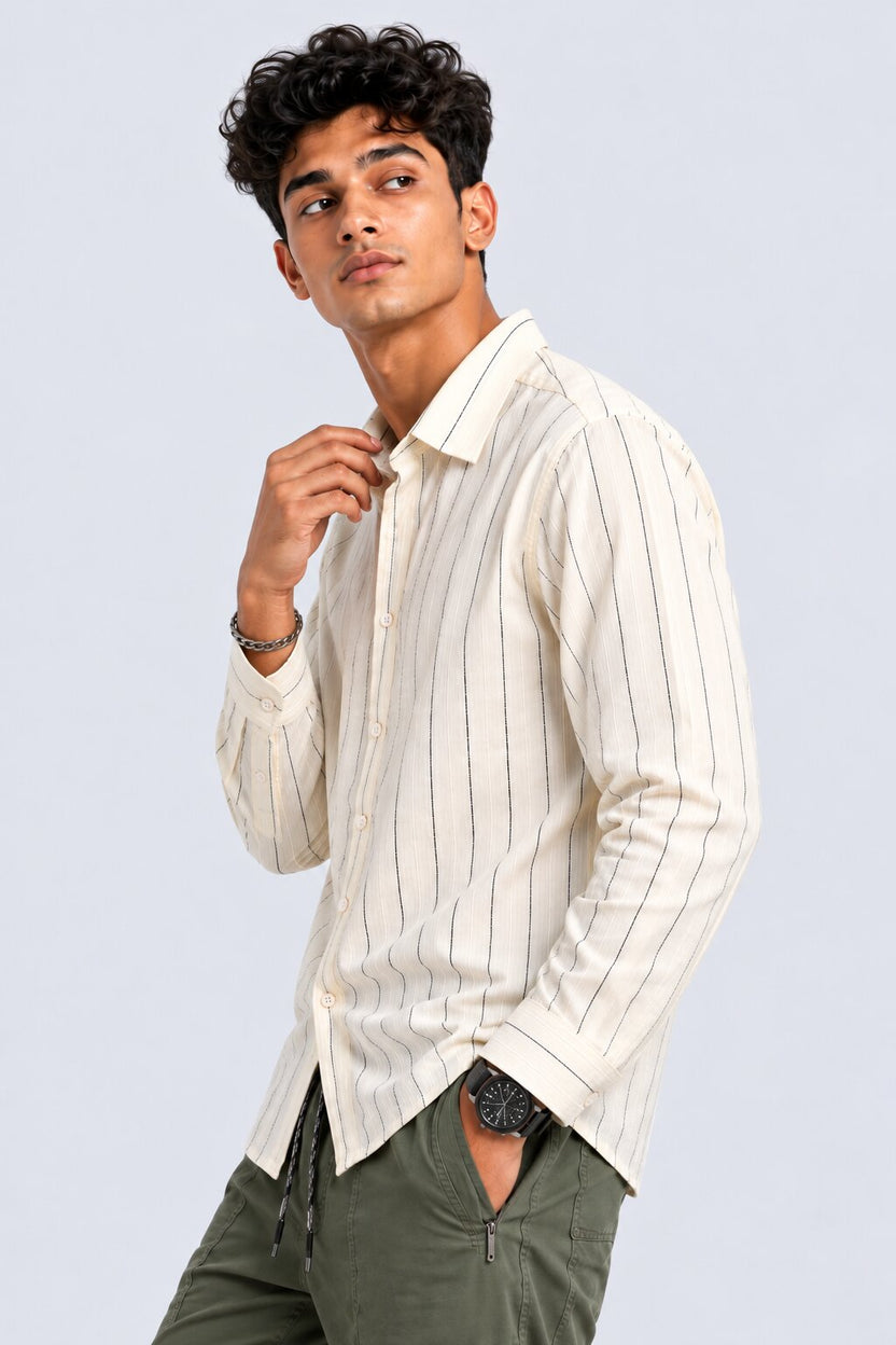 Mens Beige Striped Casual Cotton Shirt - Image 1