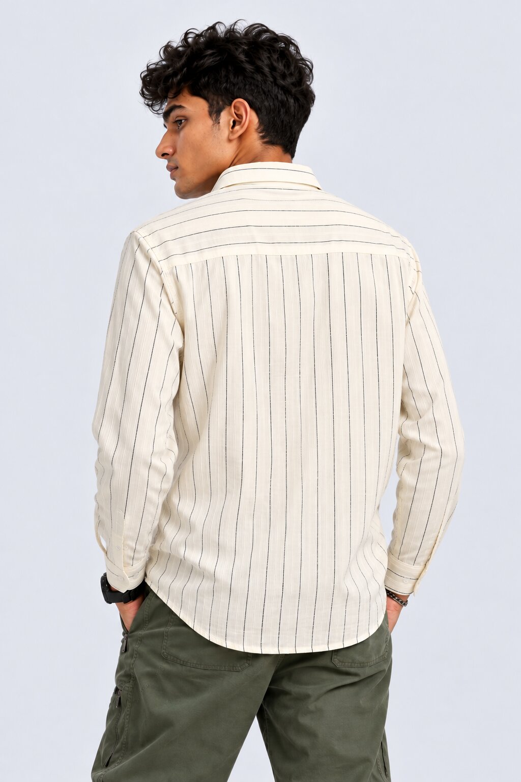 Mens Beige Striped Casual Cotton Shirt - Image 2