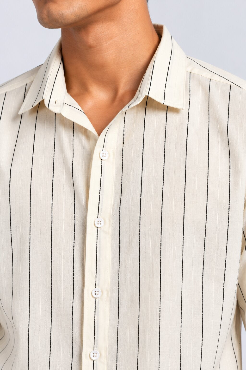 Mens Beige Striped Casual Cotton Shirt - Image 3