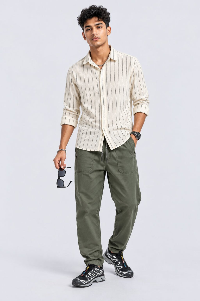 Mens Beige Striped Casual Cotton Shirt - Image 4