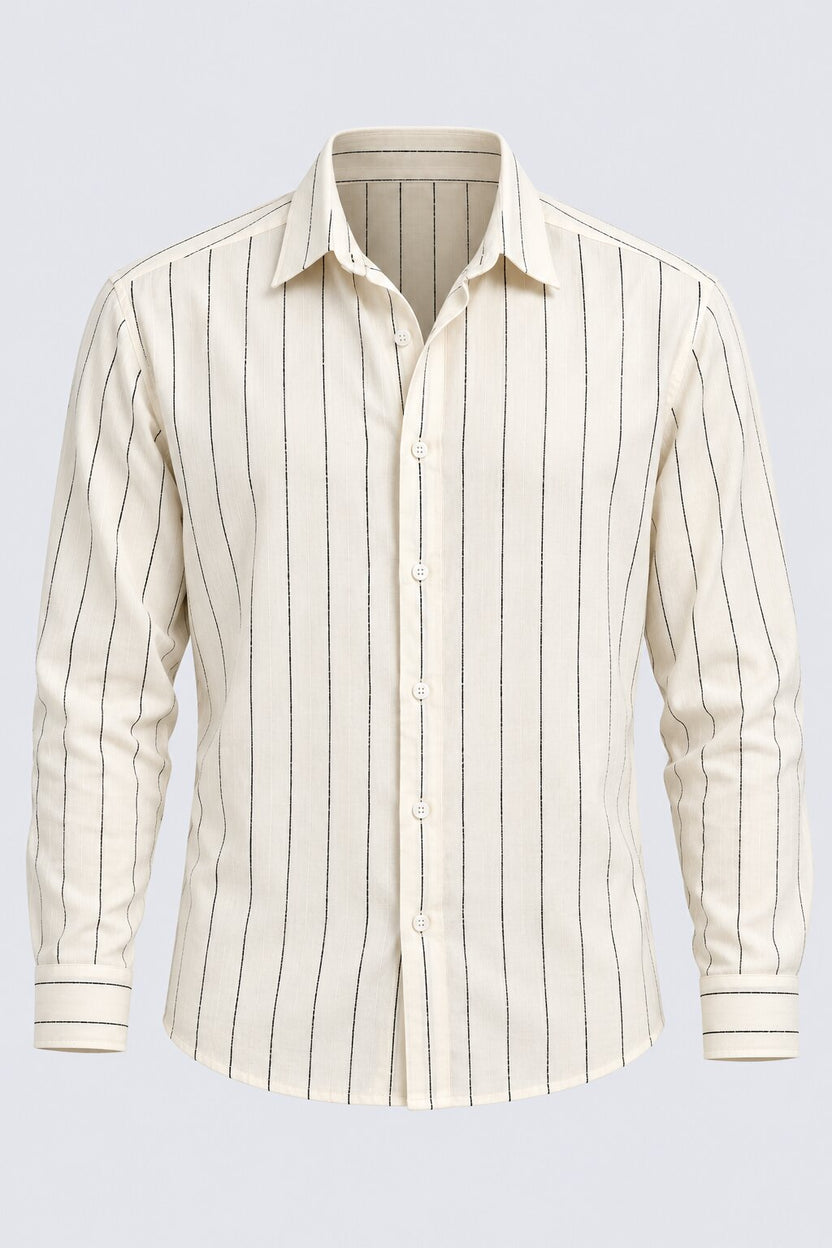 Mens Beige Striped Casual Cotton Shirt - Image 5