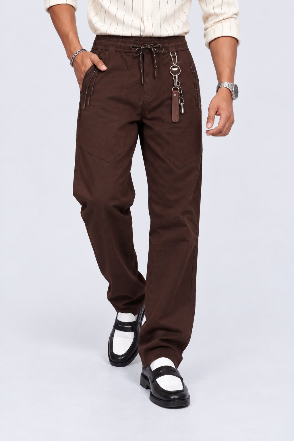 Mens Dark Brown Regular Fit Solid Trouser - Image 2