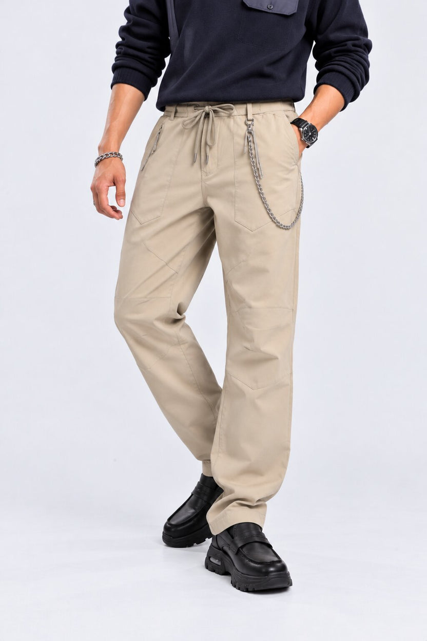 Mens Beige Regular Fit Solid Drawstring Trouser - Image 1