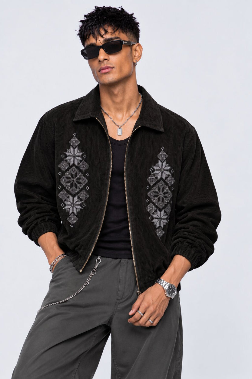Mens Black Embroidered Corduroy Zip-Up Jacket - Image 1