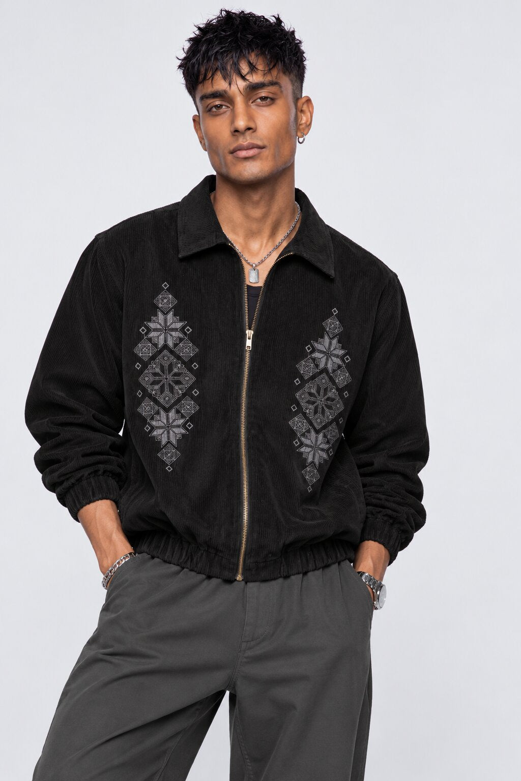 Mens Black Embroidered Corduroy Zip-Up Jacket - Image 2