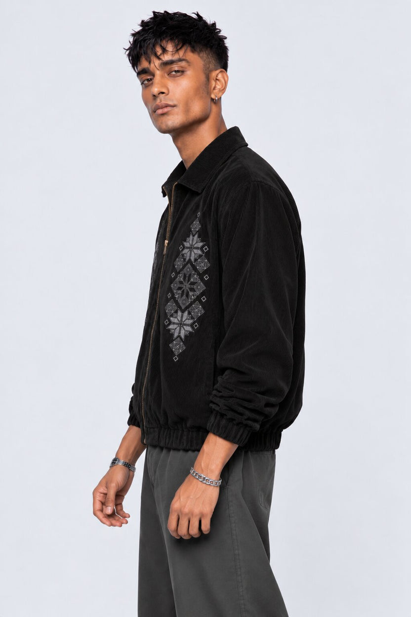Mens Black Embroidered Corduroy Zip-Up Jacket - Image 4