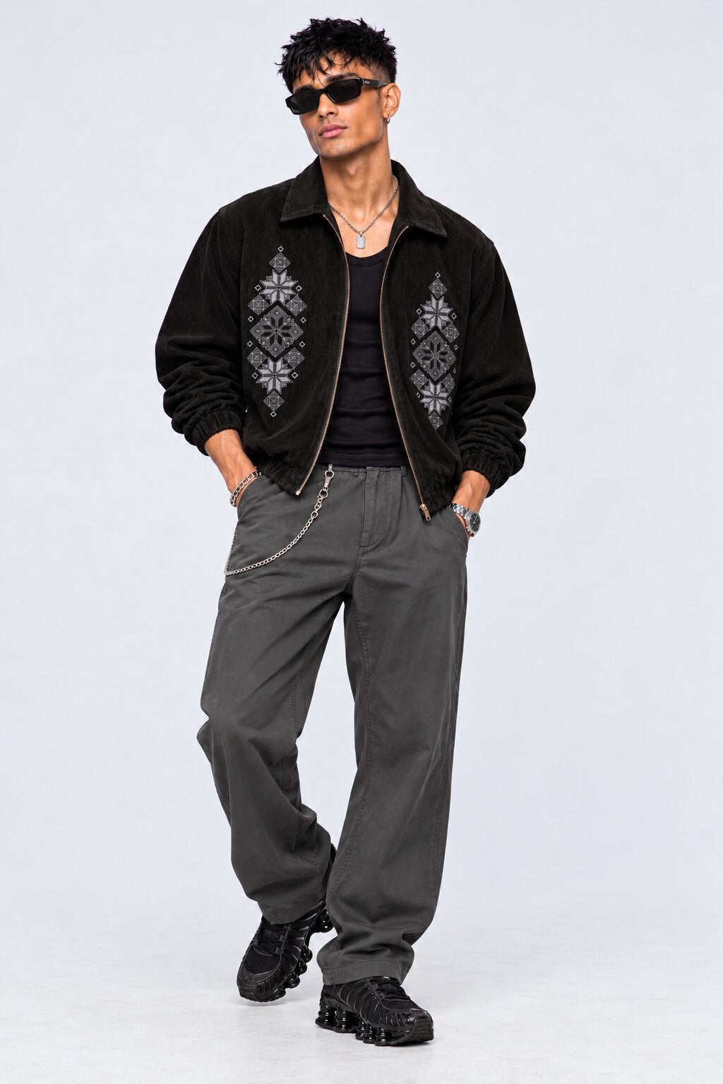 Mens Black Embroidered Corduroy Zip-Up Jacket - Image 6