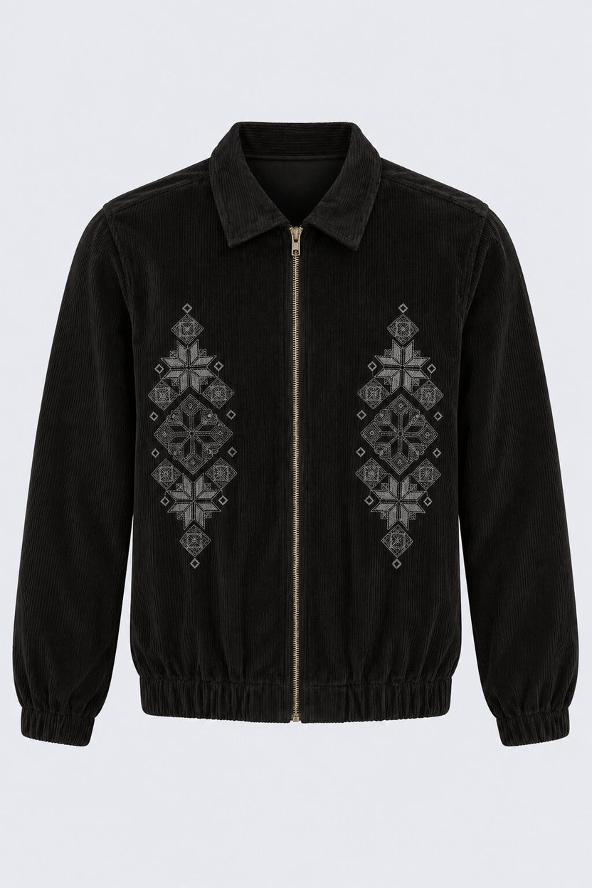 Mens Black Embroidered Corduroy Zip-Up Jacket - Image 7