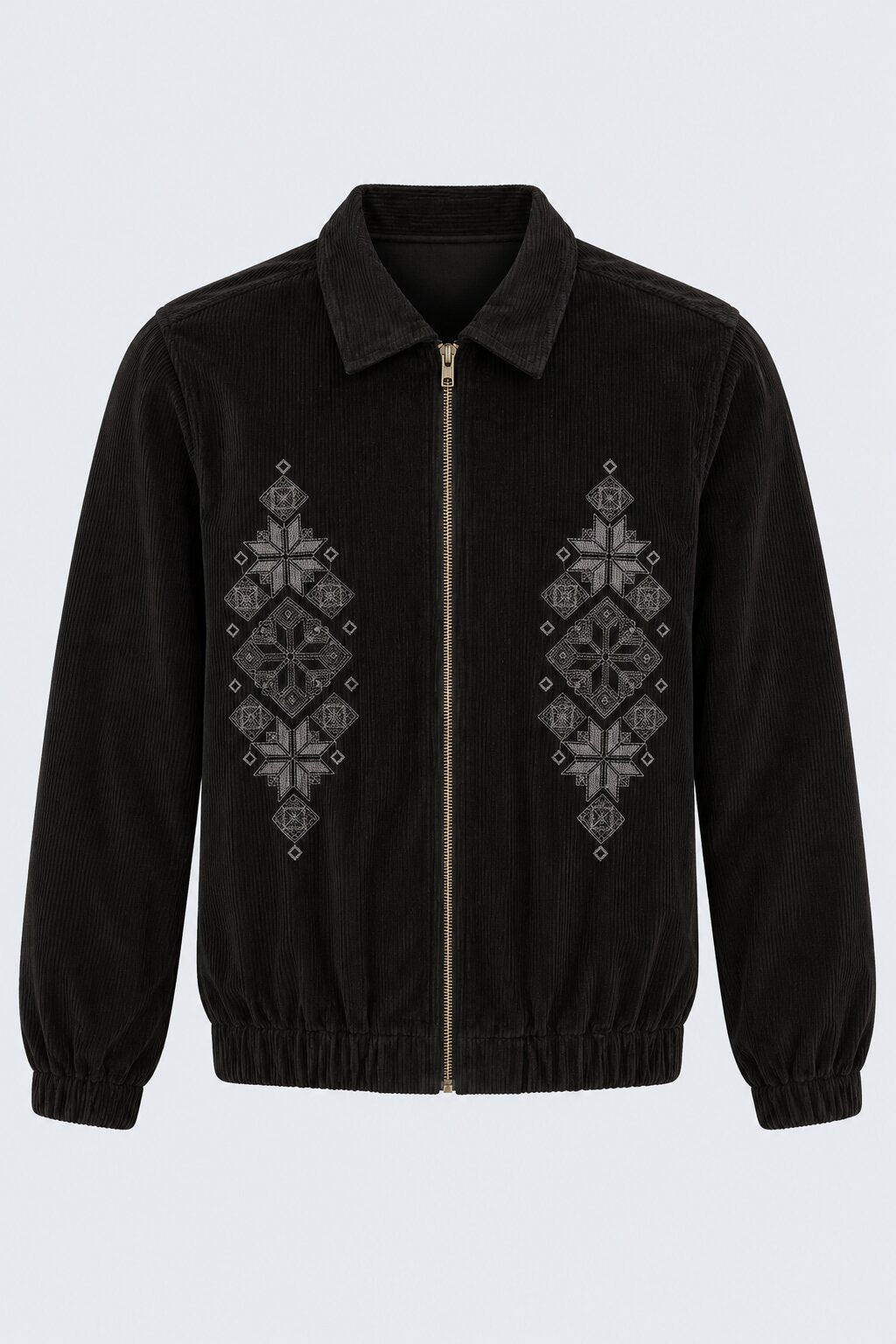 Mens Black Embroidered Corduroy Zip-Up Jacket - Image 7