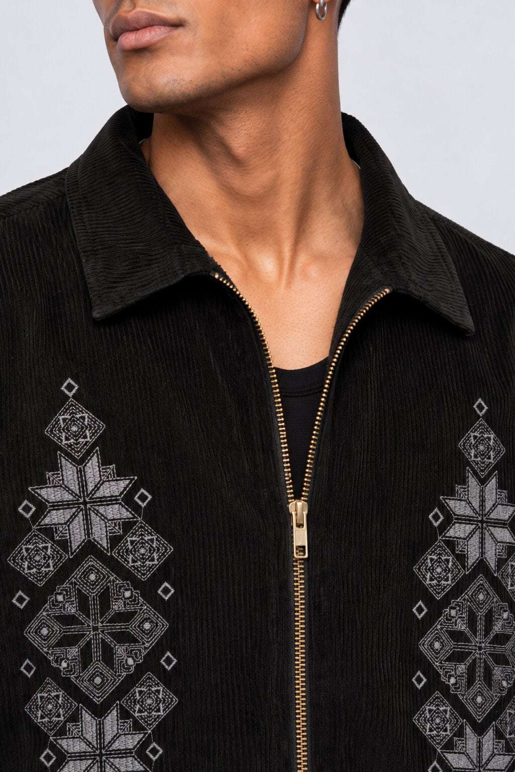 Mens Black Embroidered Corduroy Zip-Up Jacket - Image 9