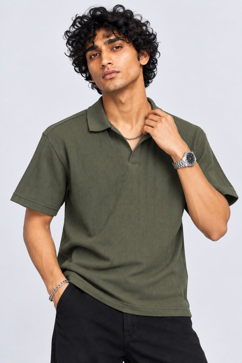 Mens Olive Solid Ribbed Polo T-Shirt - Image 1