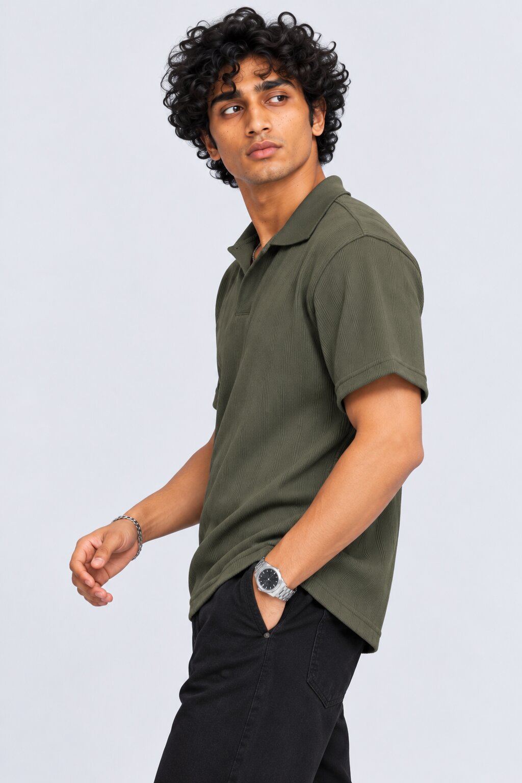 Mens Olive Solid Ribbed Polo T-Shirt - Image 2