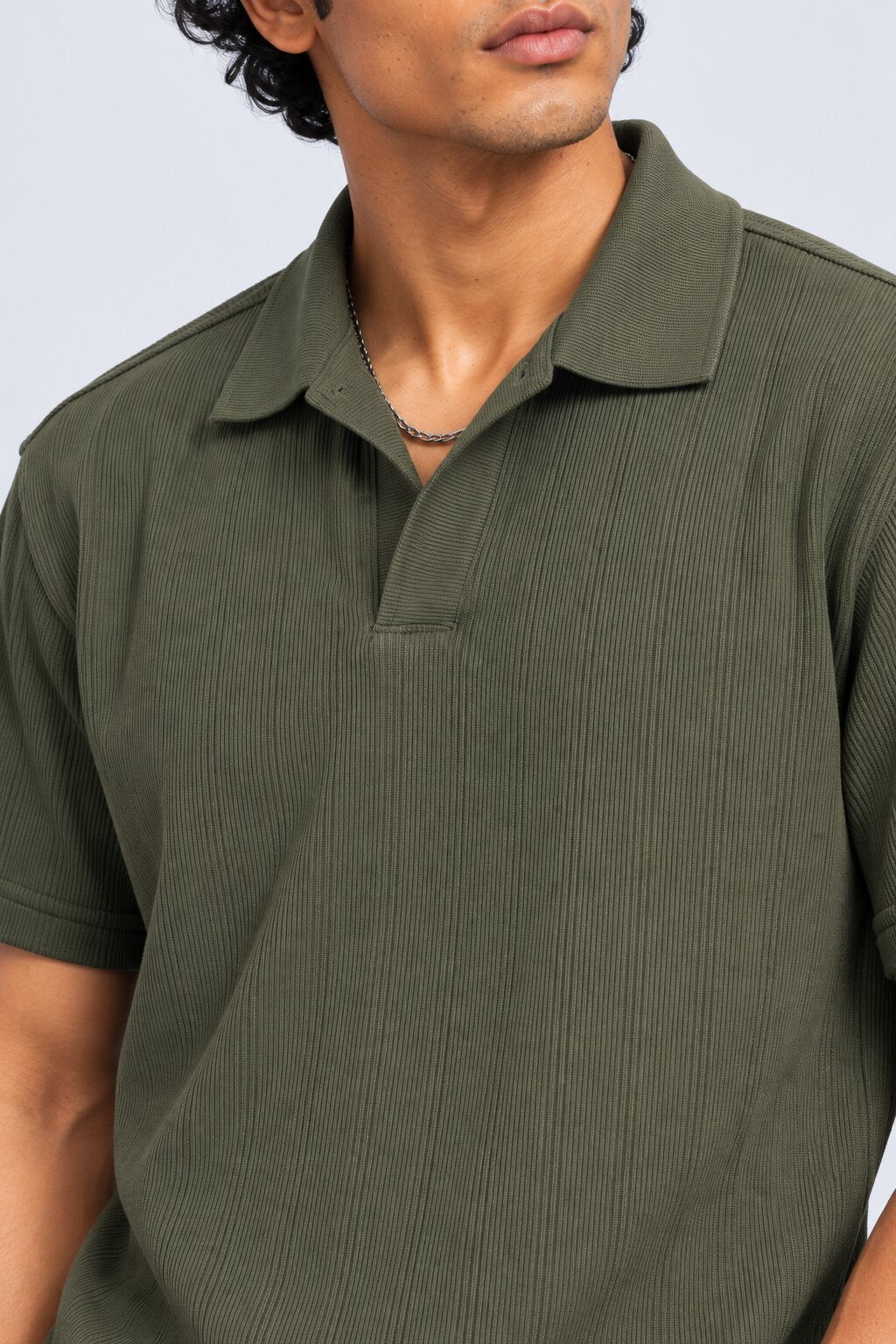 Mens Olive Solid Ribbed Polo T-Shirt - Image 3