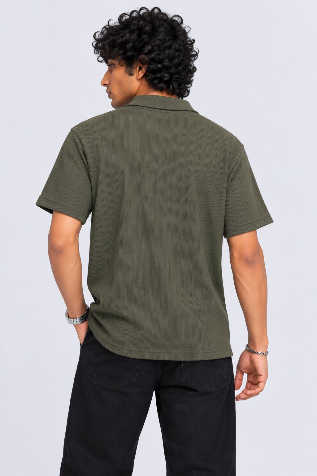 Mens Olive Solid Ribbed Polo T-Shirt - Image 4