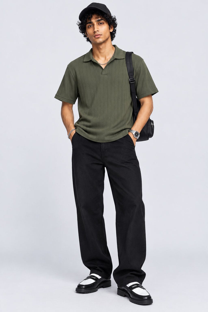Mens Olive Solid Ribbed Polo T-Shirt - Image 5