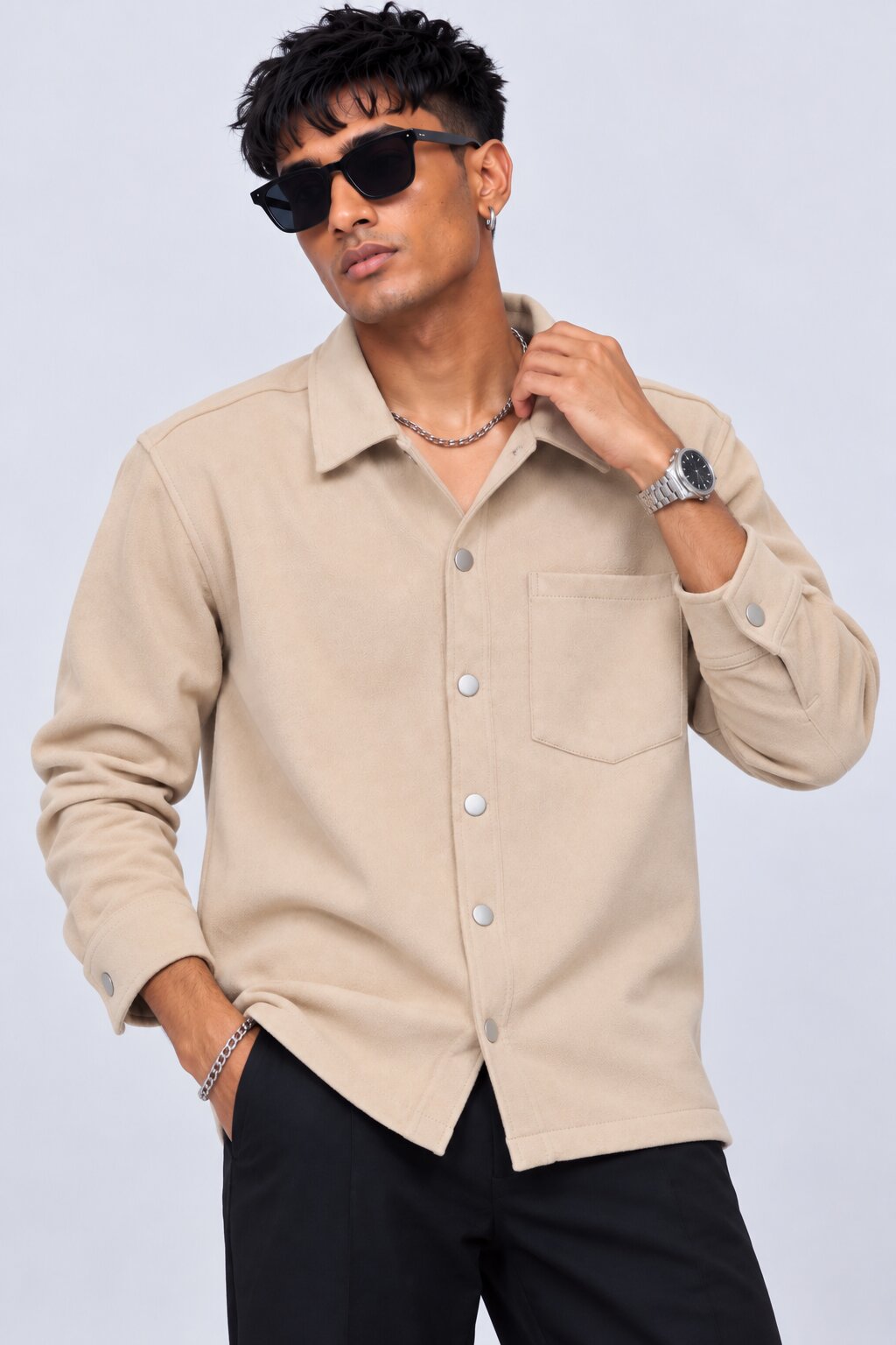 Mens Cream Solid Snap Button Shaket - Image 1