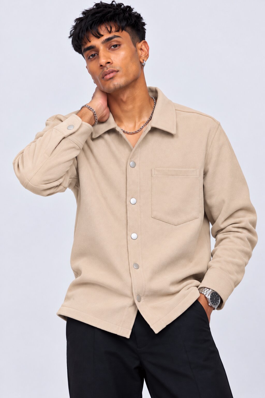 Mens Cream Solid Snap Button Shaket - Image 2