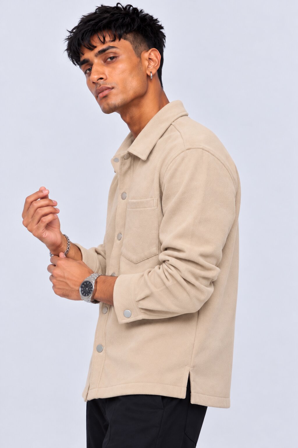 Mens Cream Solid Snap Button Shaket - Image 4