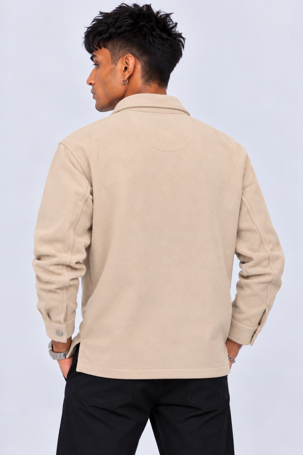 Mens Cream Solid Snap Button Shaket - Image 5