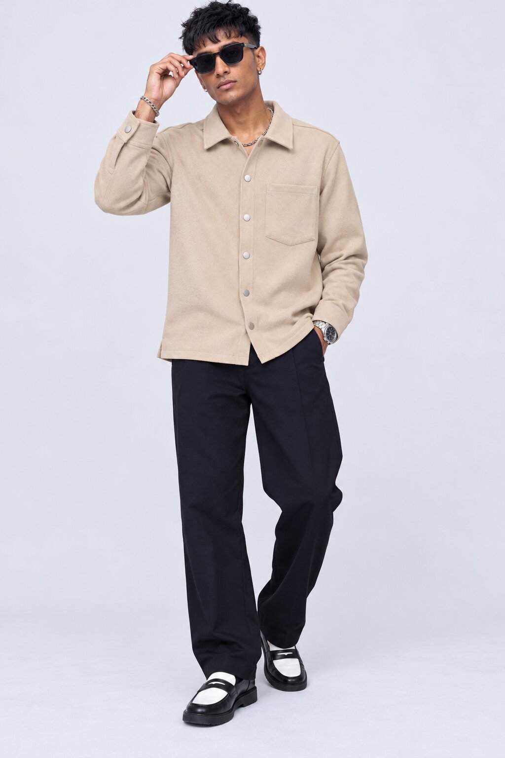Mens Cream Solid Snap Button Shaket - Image 6