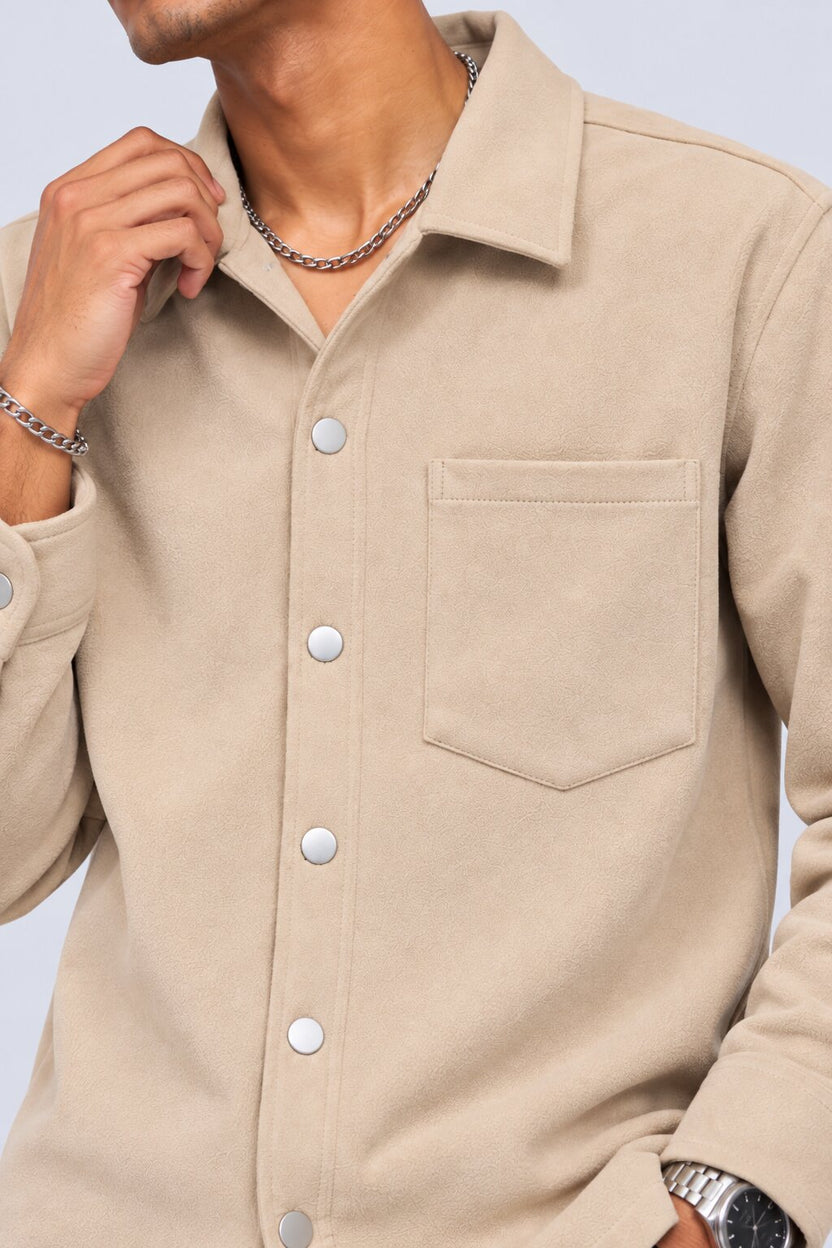 Mens Cream Solid Snap Button Shaket - Image 9