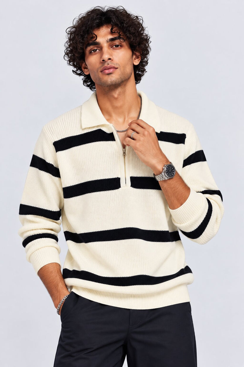 Mens Navy Striped Zip Neck Sweater - Image 1