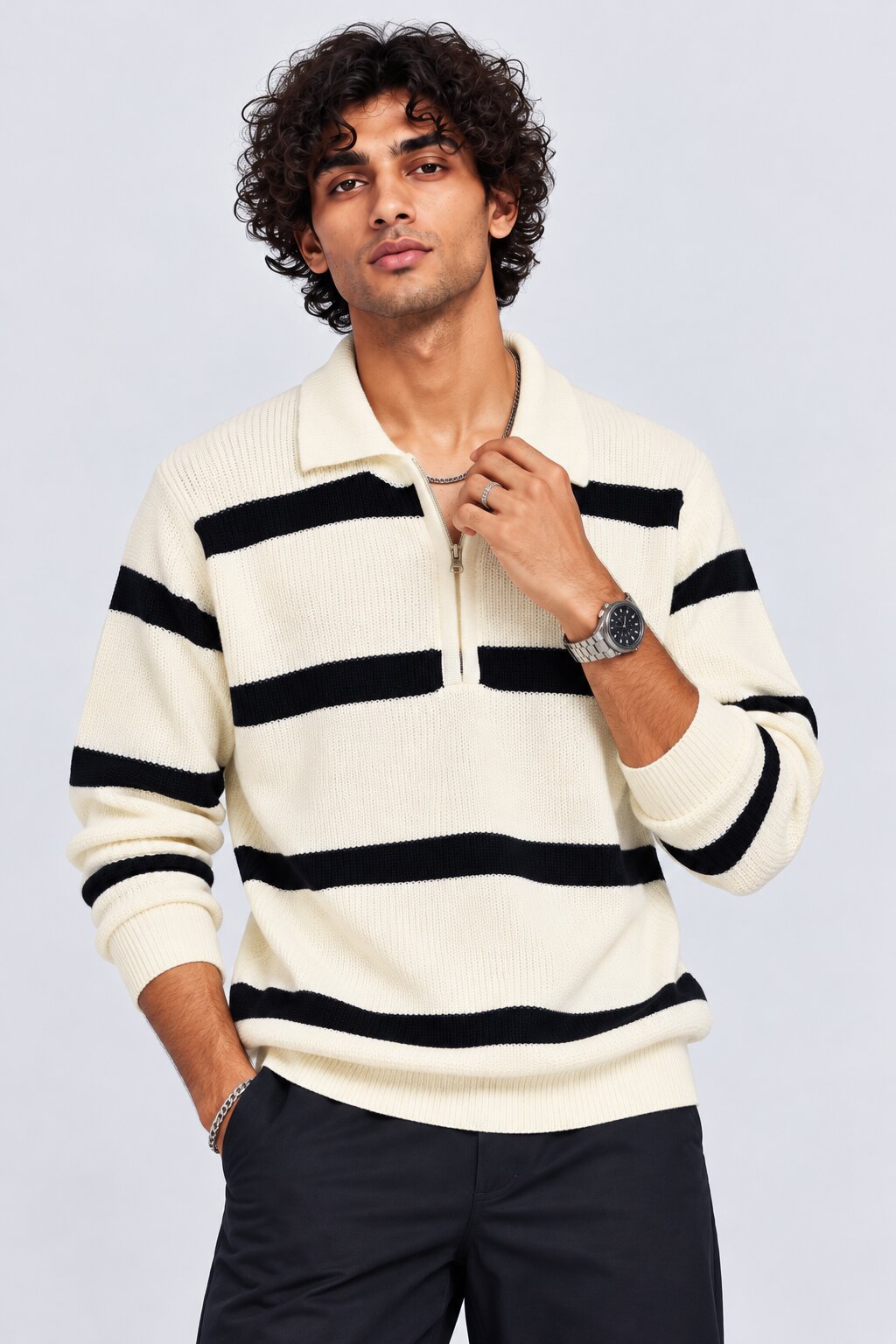 Mens Navy Striped Zip Neck Sweater - Image 1