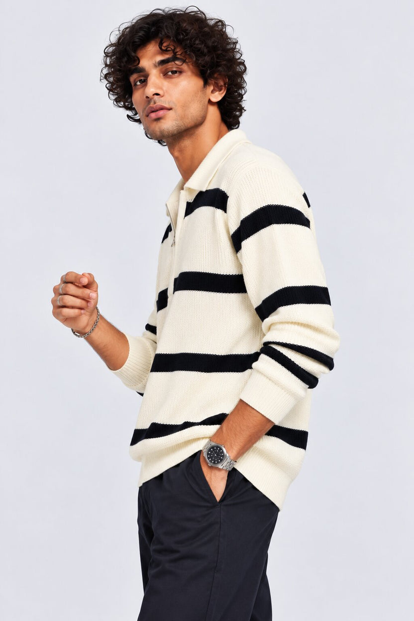 Mens Navy Striped Zip Neck Sweater - Image 2
