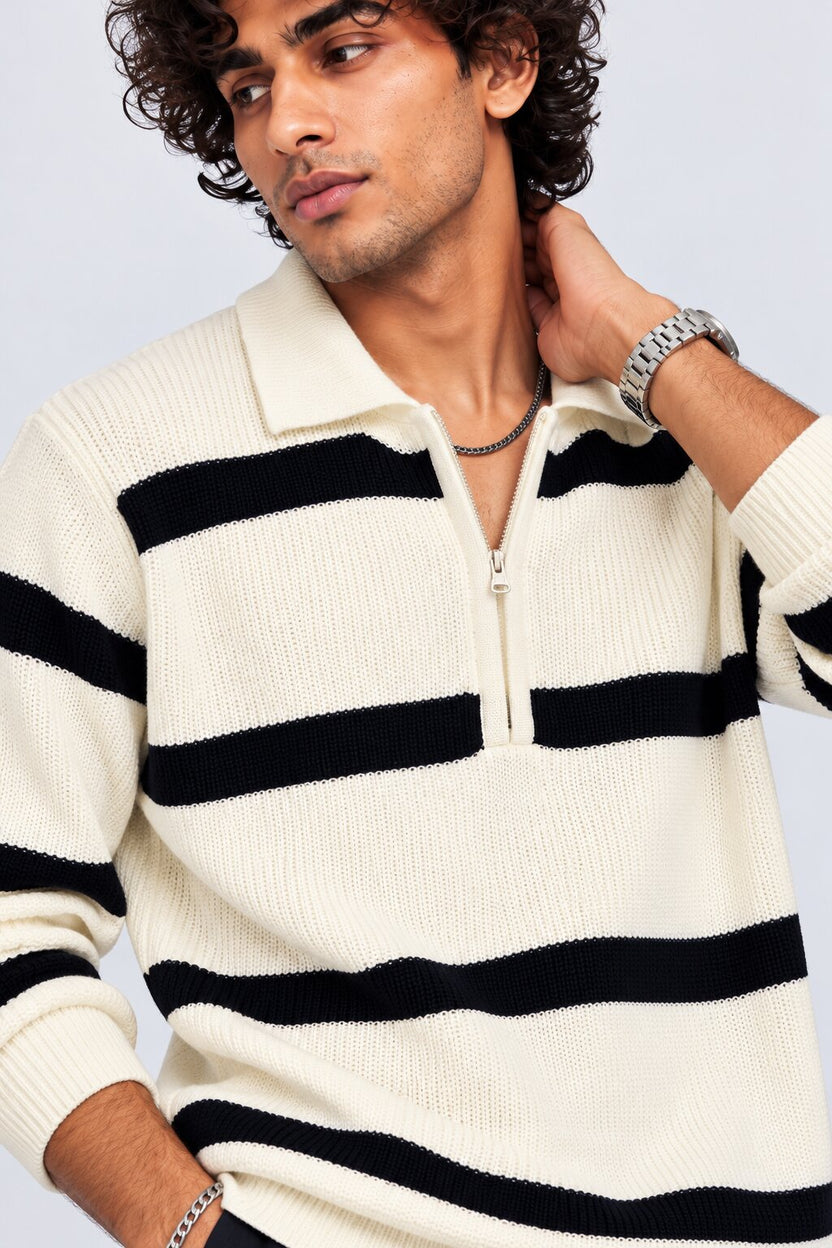 Mens Navy Striped Zip Neck Sweater - Image 3