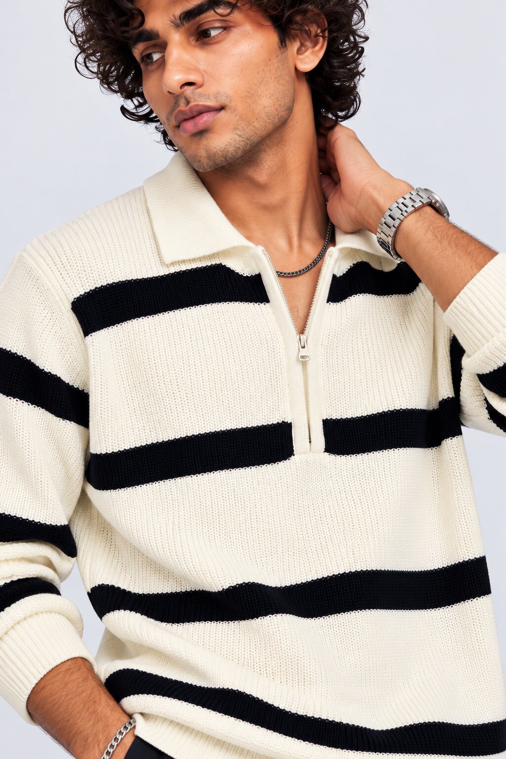 Mens Navy Striped Zip Neck Sweater - Image 3