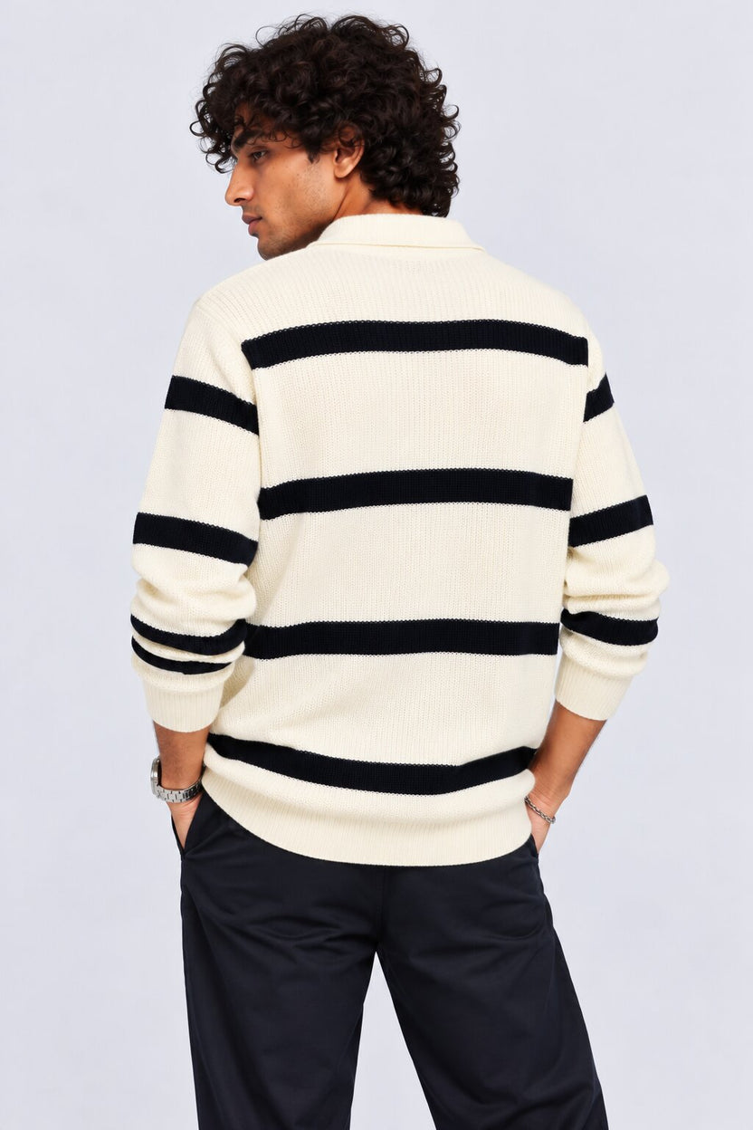 Mens Navy Striped Zip Neck Sweater - Image 4