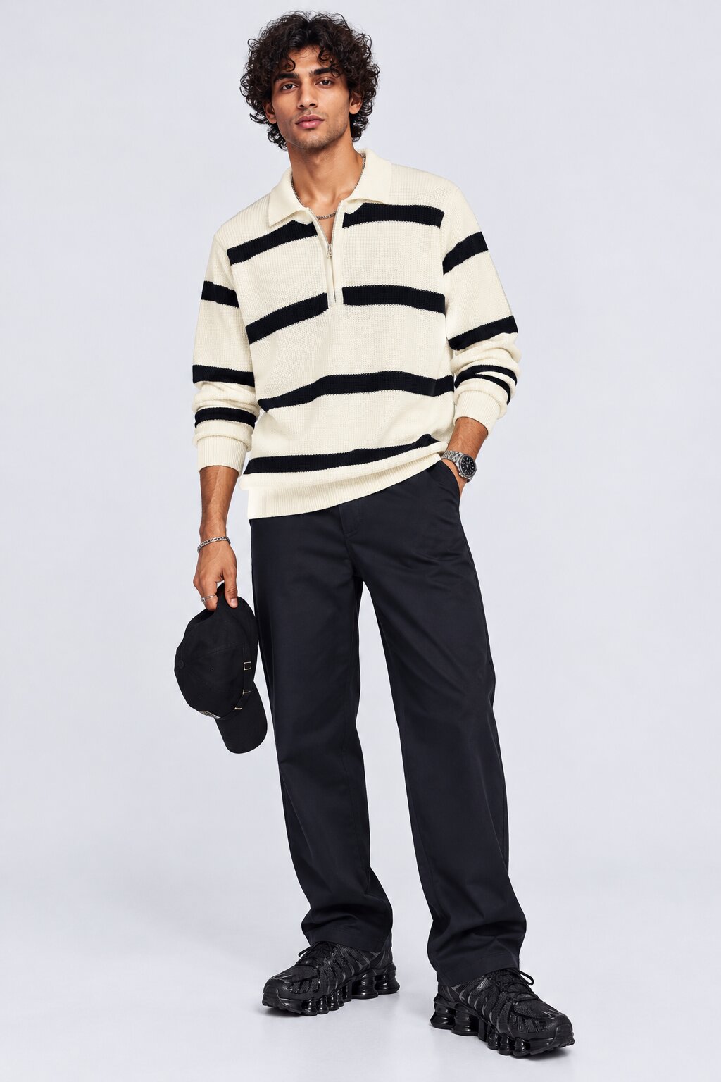 Mens Navy Striped Zip Neck Sweater - Image 5