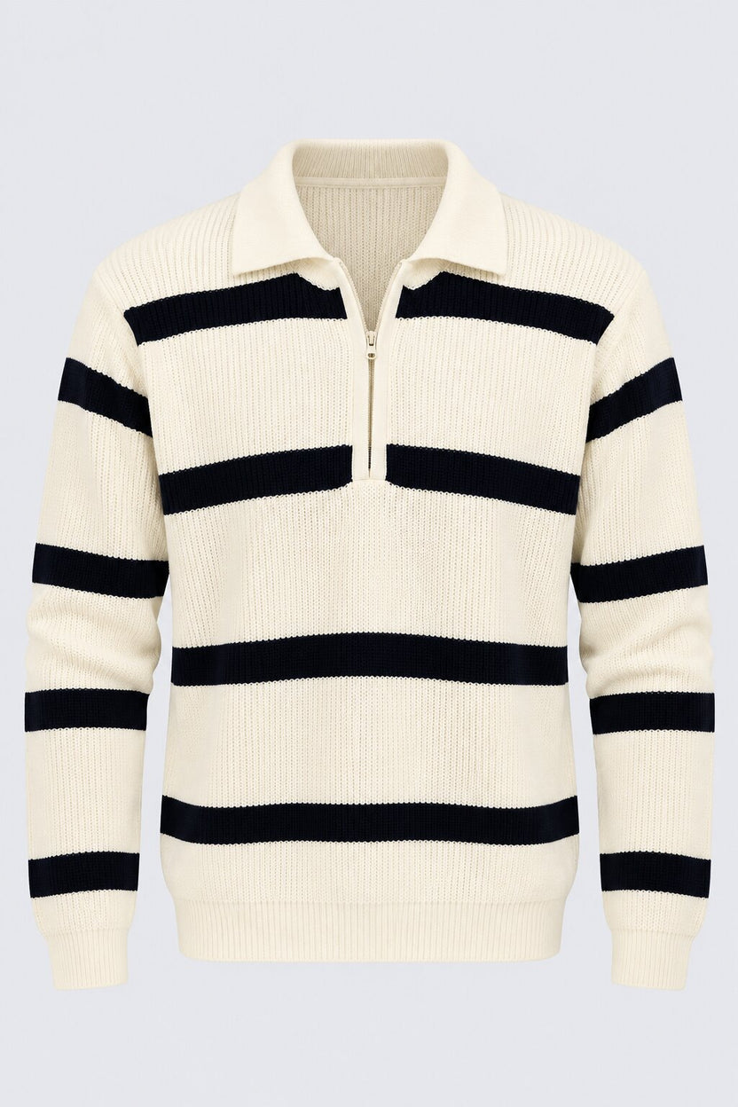 Mens Navy Striped Zip Neck Sweater - Image 6