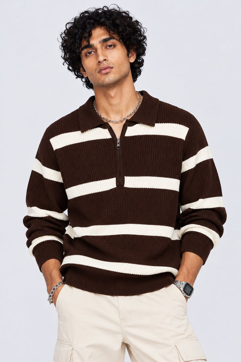 Mens Brown Striped Zip Neck Sweater - Image 1