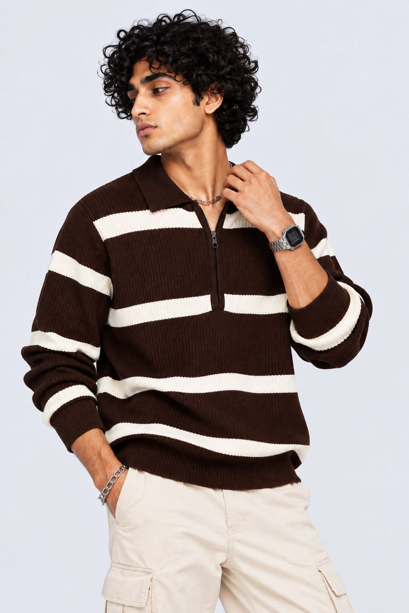 Mens Brown Striped Zip Neck Sweater - Image 2