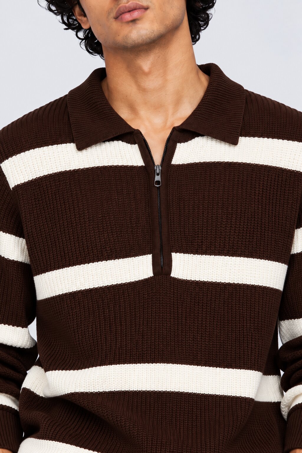 Mens Brown Striped Zip Neck Sweater - Image 3