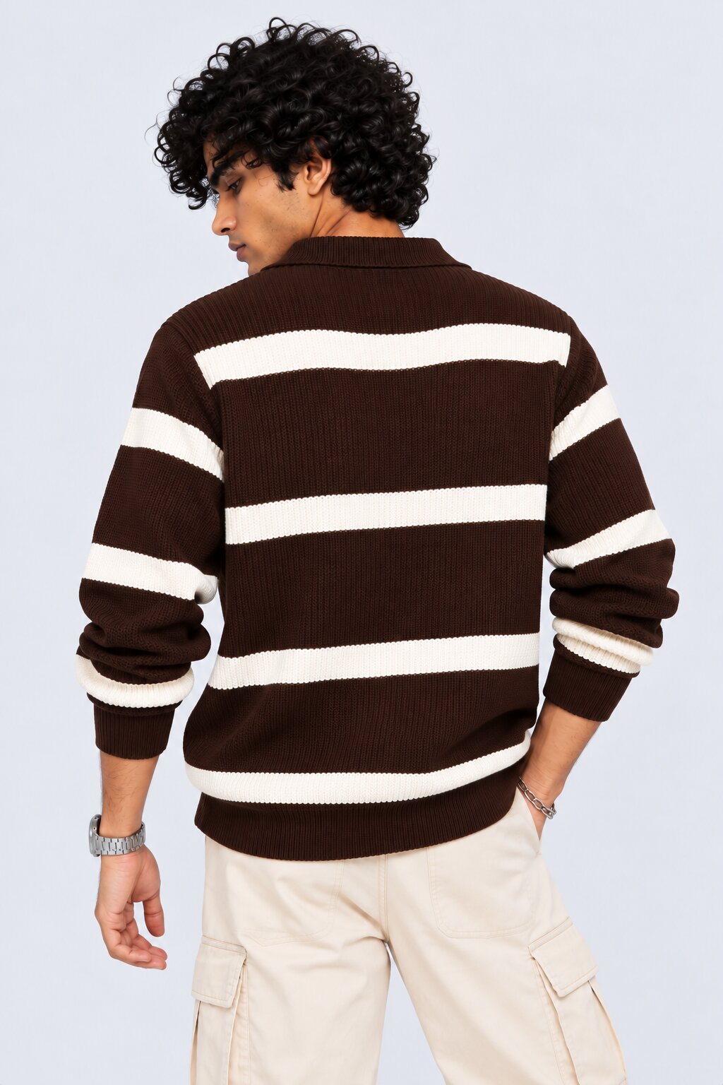Mens Brown Striped Zip Neck Sweater - Image 4