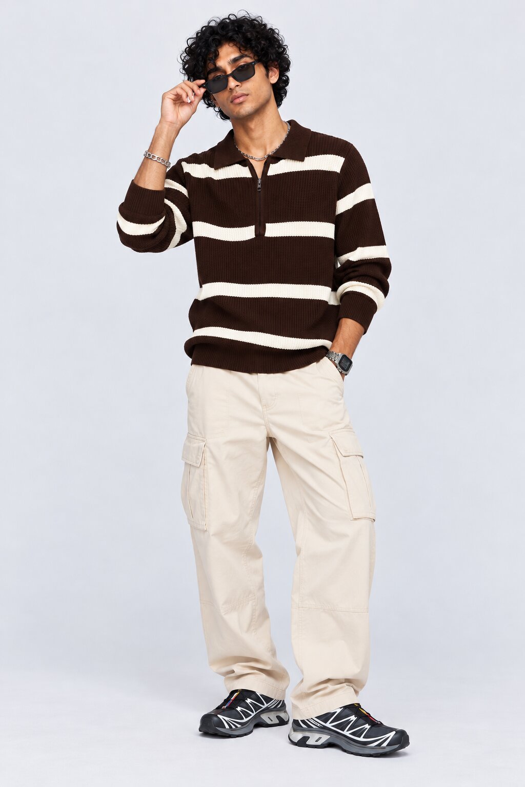 Mens Brown Striped Zip Neck Sweater - Image 5