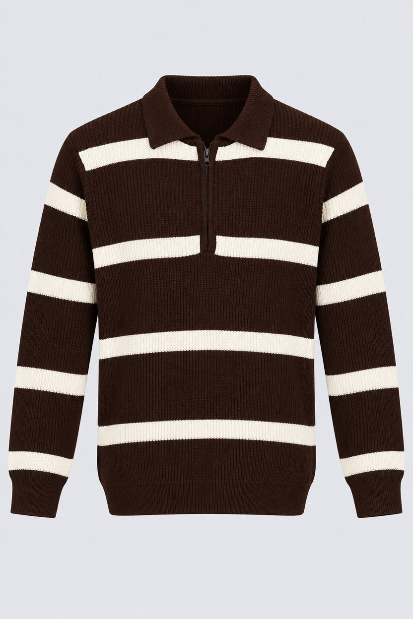 Mens Brown Striped Zip Neck Sweater - Image 6