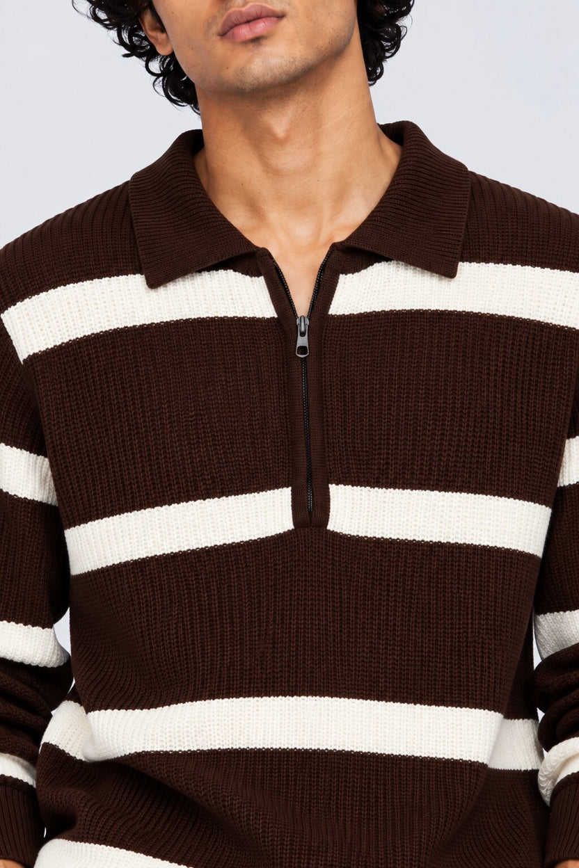 Mens Brown Striped Zip Neck Sweater - Image 8