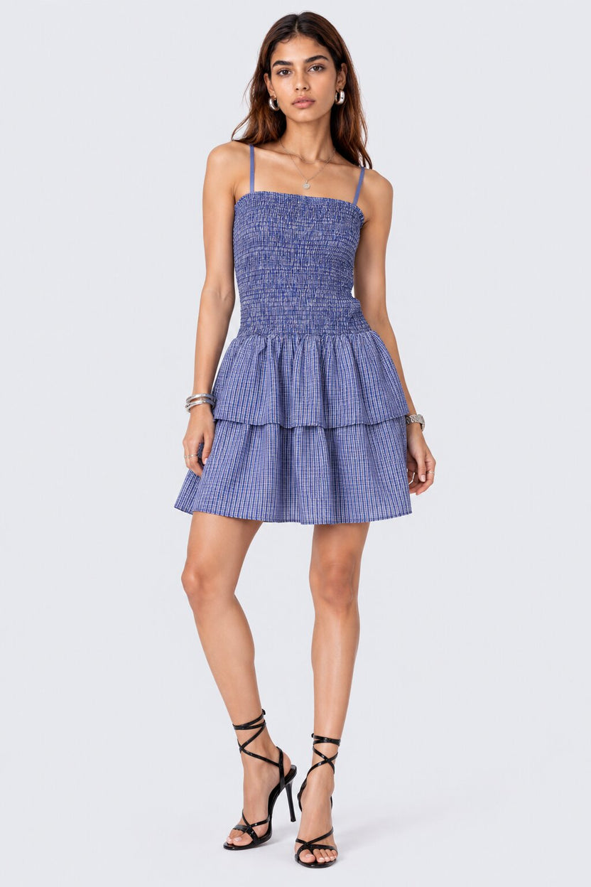 Womens Blue Smocked Tiered Mini Dress - Image 2
